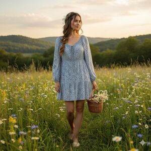 Old Navy Mini Poet Swing Dress XL Cottage Milkmaid Blue Ditsy Floral Paisley